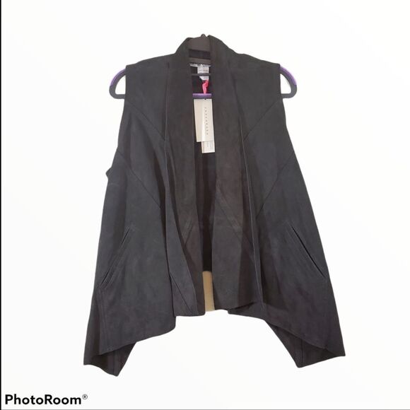 Rezrekshn by Esther Chen Hobo Lagenlook Suede Open Front Waterfall Leather Vest - Picture 1 of 7
